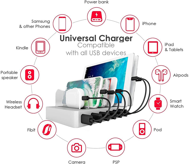 [Australia - AusPower] - PhoNecessity USB Charging Station Dock - Fast Charge Docking Station for Multiple Devices - Multi Device Charger Organizer - Compatible with Apple and Android (Silver 6-Port) 