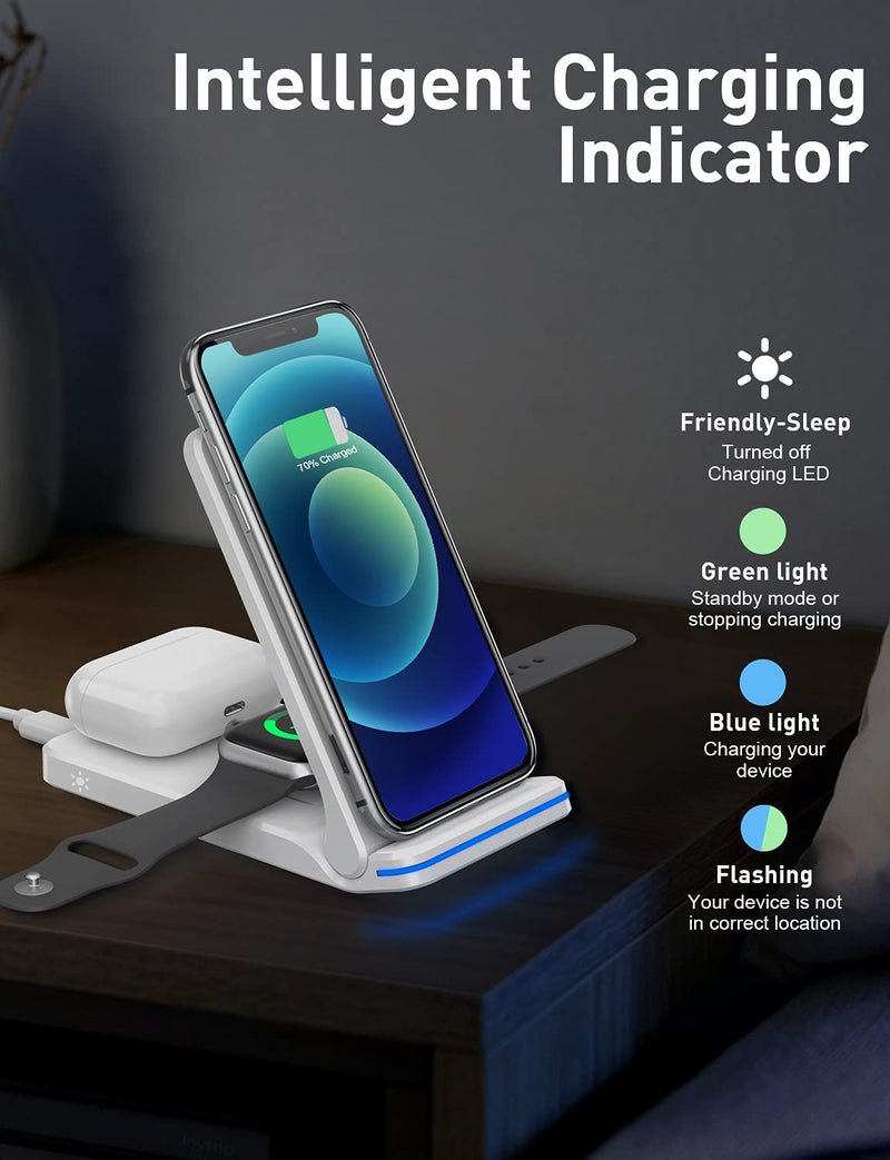 [Australia - AusPower] - Foldable Wireless Charger, 3 in 1 Wireless Charging Station for Multiple Devices Apple Fast Charging Stand for Apple Watch, iPhone 13/13 Pro/12/12 Pro/11/11 Pro Max/XR/X/Xs/8, Airpods2 (White) White 