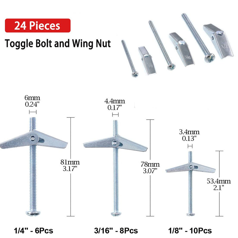 [Australia - AusPower] - AnrSee 24 Pieces Toggle Bolt and Wing Nut Heavy Duty Assortment Kit Round Head Toggle Wing Nut Bolt Set for Hanging Heavy Items on Drywall-1/8 Inch, 3/16Inch, 1/4Inch (24-Pcs) 24-Pcs 