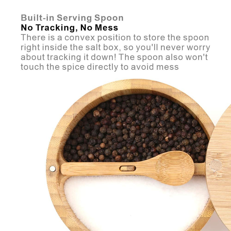 [Australia - AusPower] - KITCHENDAO Bamboo Salt and Pepper Bowl Box - Built-in Serving Spoon to Prevent Lost - Swivel Lid with Magnet to Keep Dry, Dust-free - Salt Cellar Seasoning Container Holder - Dual 7 Ounce Capacity 