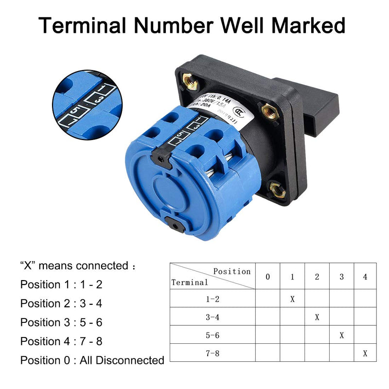 [Australia - AusPower] - VictorsHome Changeover Switch SYW28-20 5 Positions 8 Terminals Universal Rotary Cam Selector Latching Switches 550V 20A 