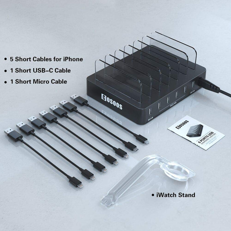 [Australia - AusPower] - USB Charging Station for iPhone 13,COSOOS Charger Station with 5 Short lPhone Charger Cables,1 Type-C,1 Micro Cable, iWatch Stand,6-Port Charging Station for Multiple Devices,Tablet 