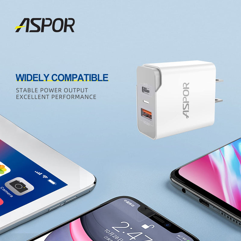 [Australia - AusPower] - 20W Fast Dual Port Wall Charger with Type C to Lightning Cable, ASPOR USB C and QC 3.0 Portable Indicator Light Power Adapter, Home Charger Combo Kit, Compatible for Smart Phone and Tablets. 