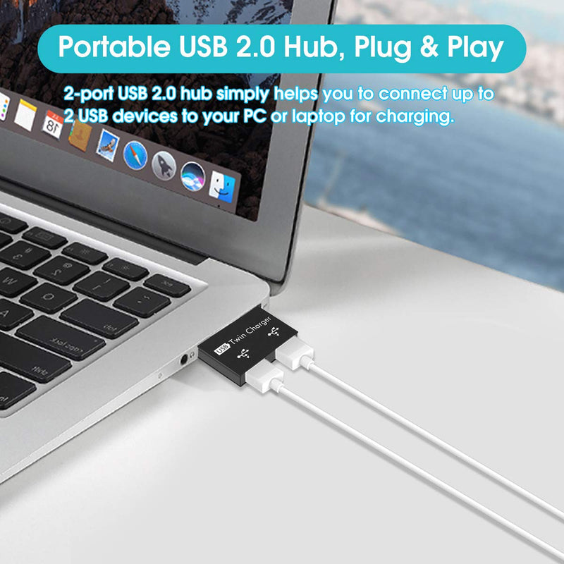 [Australia - AusPower] - USB2.0 Hub 2-Port, Portable 2-Port USB Hub USB Twin Adapter Male to Dual USB Female Adapter for Laptops Desktops, Only Use for Charging(Black) Black 