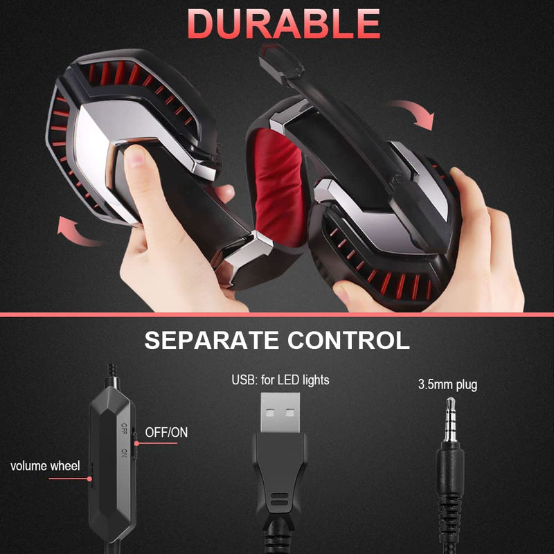 [Australia - AusPower] - Donerton Gaming Headset, Over-Ear Gaming Headphones with Noise Canceling Mic, Stereo Bass Surround Sound, Soft Memory Earmuffs LED Light PS4 Gaming Headset Compatible with PC, Laptop, PS4, PS5, Red 