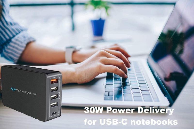 [Australia - AusPower] - Techsmarter 63W USB-C PD Multi Port Desktop Charger with 30W Power Delivery Port. Compatible with MacBook, Chromebook, iPad Pro/Air, iPhone 13, 12, 11, XS, Samsung S21, S20, S10, Moto & Android 