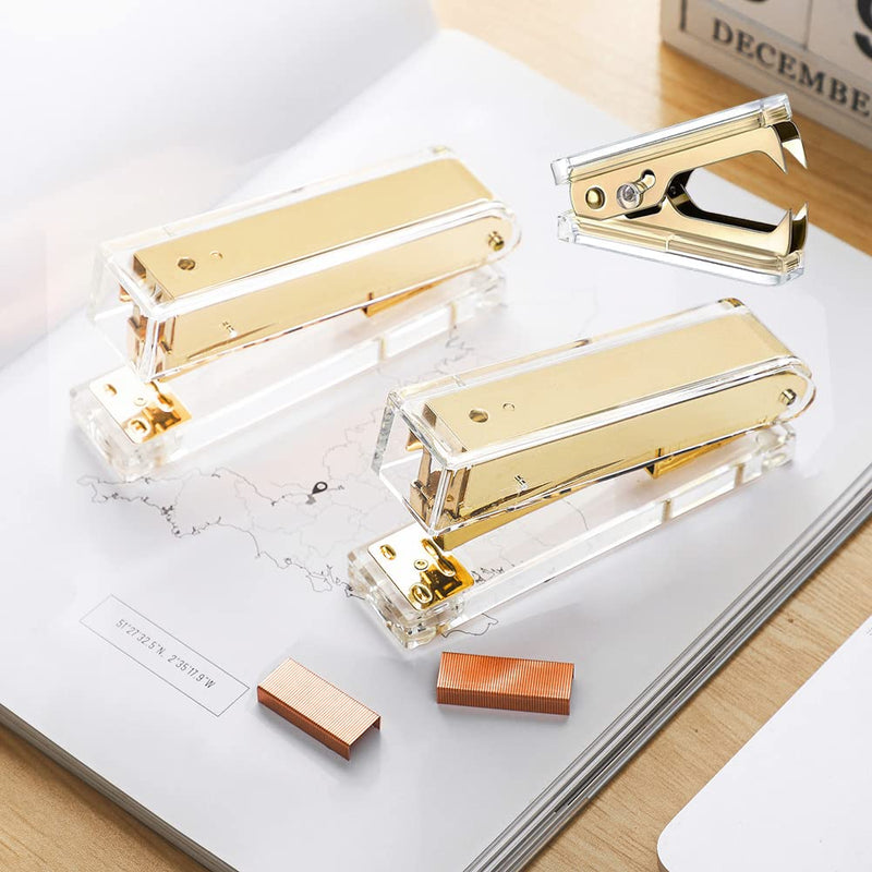 [Australia - AusPower] - Acrylic Gold Tape Dispenser Gold Desktop Stapler, Acrylic Office Supplies Includes Tape, 1000pcs Staples Desk Accessory Kit, Chic Office Stapler Tape Dispenser for Modern Design Office Desktop 