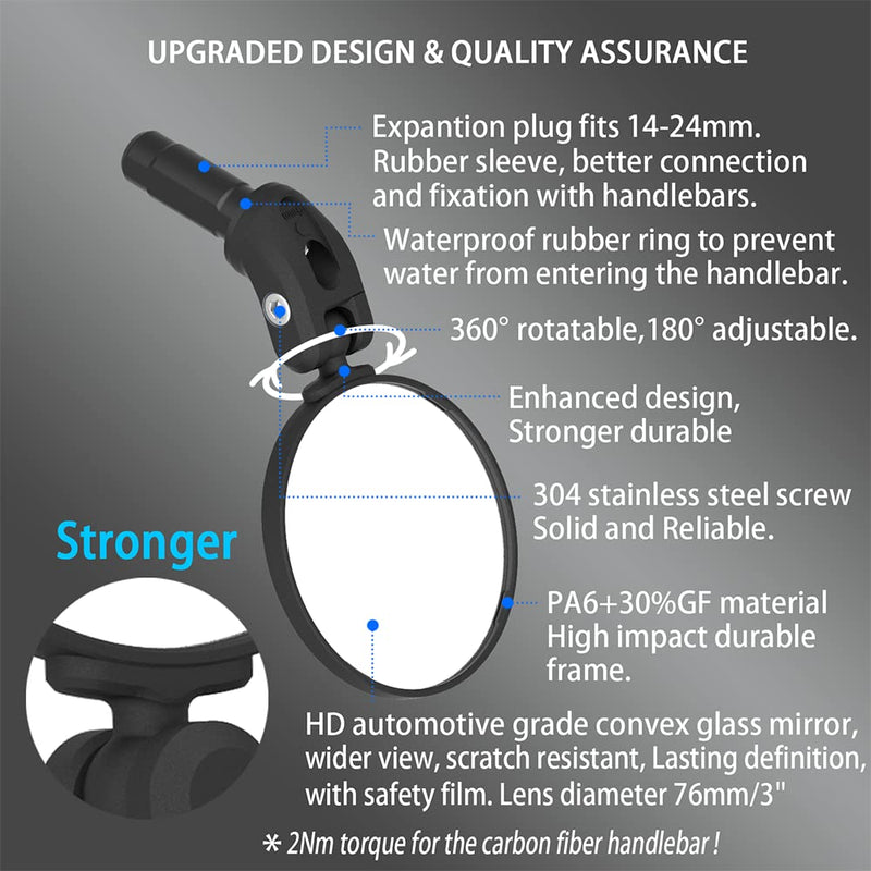 [Australia - AusPower] - BriskMore Bike Mirrors,Bike Bar End Mirror, HD Glass Convex Lens Bicycle Rearview Mirror, 2PCS Safe Cycling Rear View Mirror 