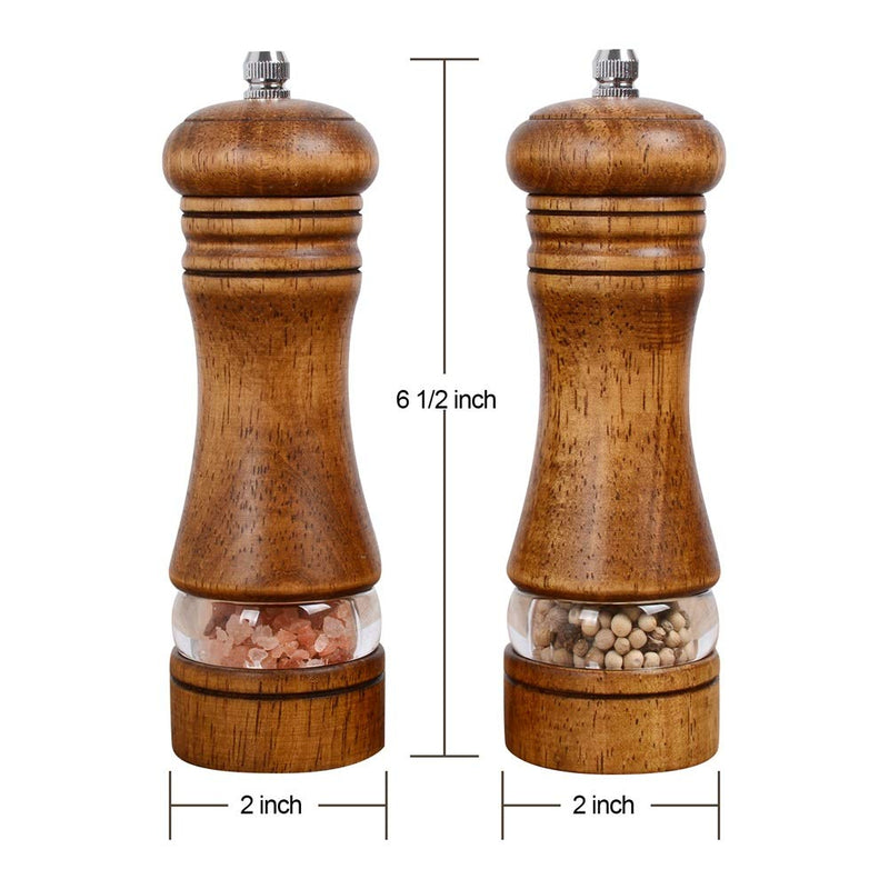 [Australia - AusPower] - Haomacro Pepper Grinder,Wood Salt and Pepper Grinder Mills Sets, Classic Manual Salt Grinder Refillable Pepper Mill Sets with Acrylic Visible Window Adjustable Ceramic Grinding Rotor 6.5inch 2 Pack 6.5inch brown 
