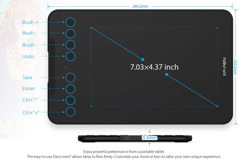 [Australia - AusPower] - XP-PEN Deco Mini7 Graphics Tablet 7 x 4 Inch Pen Tablet with Tilt Support Passive Pen and 8 Customizable Shortcut Keys Drawing Tablet Compatible with Chromebook for Online Teaching/E-Learning Medium Wire 