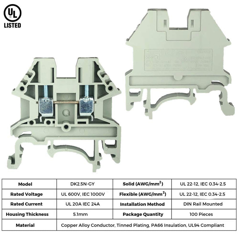 [Australia - AusPower] - Dinkle UL Gray DIN Rail Terminal Block Kit 20 DK2.5N 12 AWG Gauge 20A 600V Ground DK4N-PE Jumper DSS2.5N-10P End Covers End Brackets Grey 