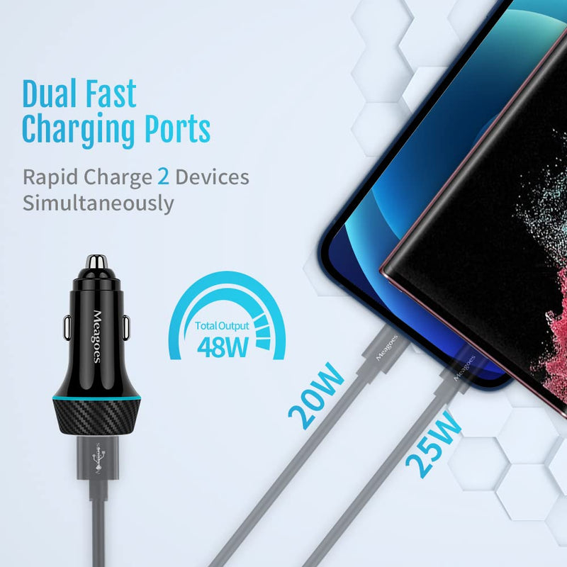 [Australia - AusPower] - Super Fast USB C Car Charger, Meagoes 2-Pack 12 Volt Cigarette Lighter Adapter Kit with 48W Dual Rapid Charging Port - PD&QC3.0, Compatible with Samsung Galaxy S22 S21, iPhone 13 12 11, Google Phone 