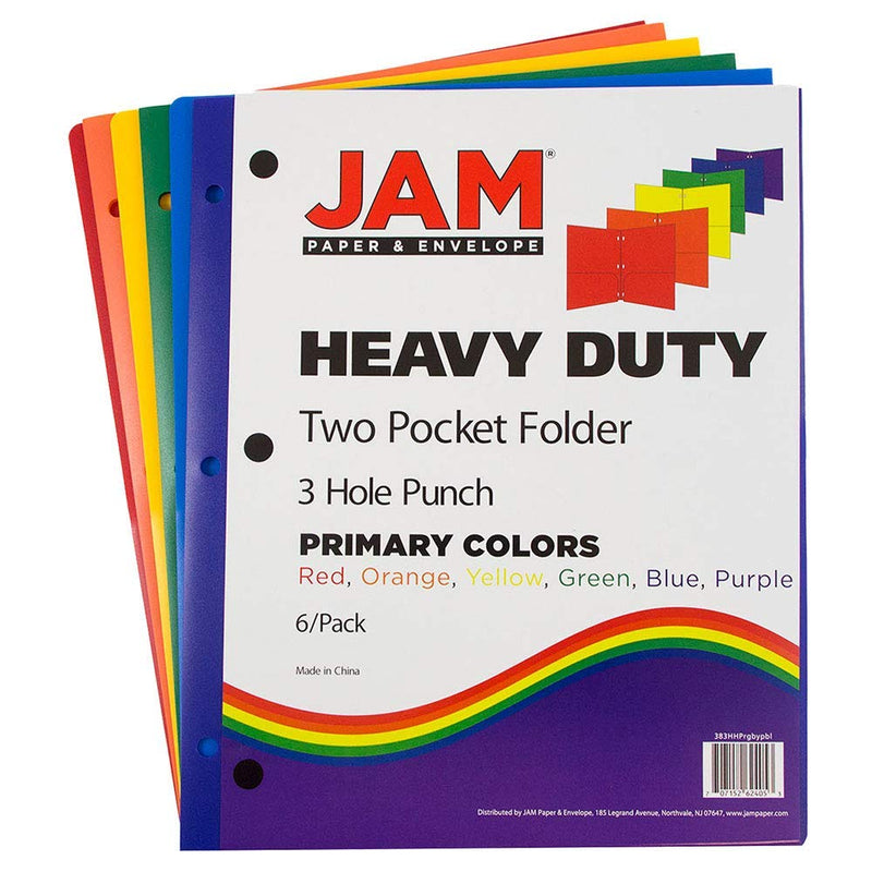 [Australia - AusPower] - JAM PAPER Heavy Duty Plastic 3 Hole Punch Pocket Folders - Extra Tough School Folders - Assorted Primary Colors - 6/Pack 