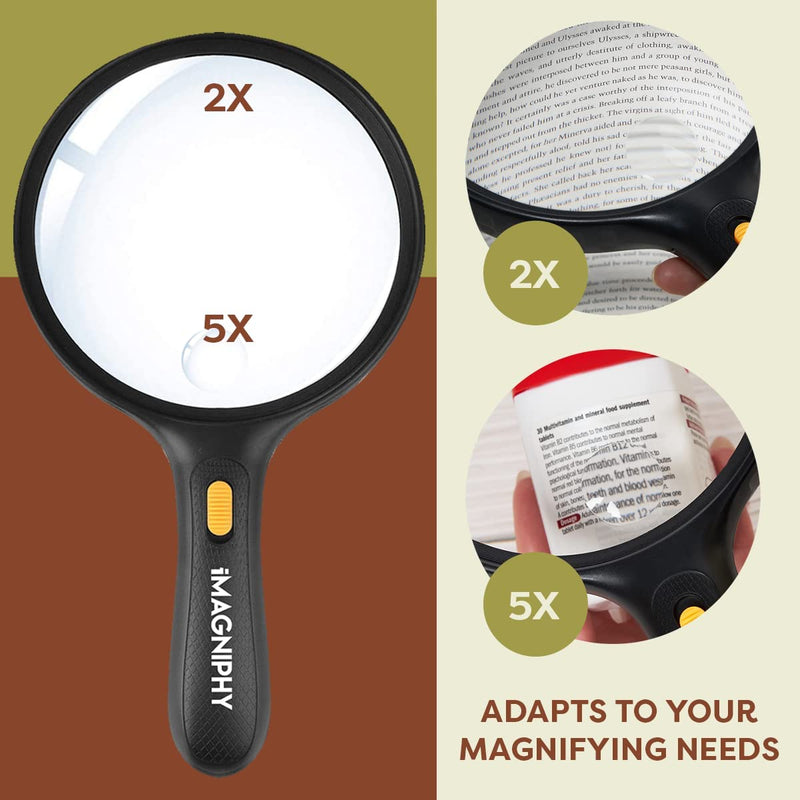 [Australia - AusPower] - iMagniphy Large Magnifying Glass with Light- 5.5-inch Lens Magnifier, 2X & 5X Magnification for Seniors with Macular Degeneration - Lighted Magnifying Glass for Reading, Soldering, Cross-Stitch 