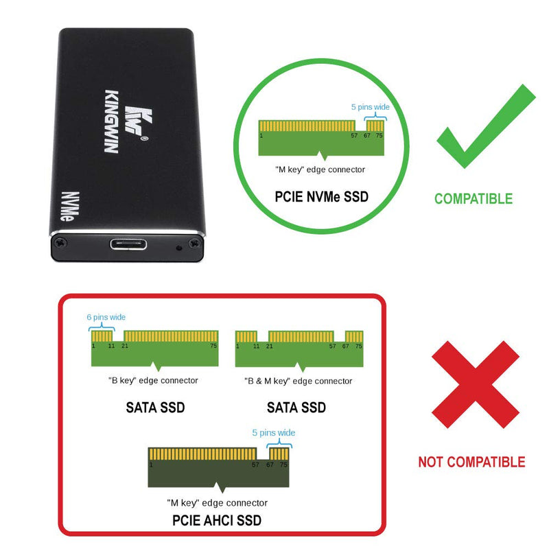 [Australia - AusPower] - Kingwin M.2 SSD NVMe External Enclosure, 10Gbps USB 3.1 Gen 2 M-Key to USB C Solid State Drive Adapter, PCIe USB 3.0 USB C Cables, Fit Size 2230/2242/2260/2280, Aluminum, KM-U3NGFF-NVE 