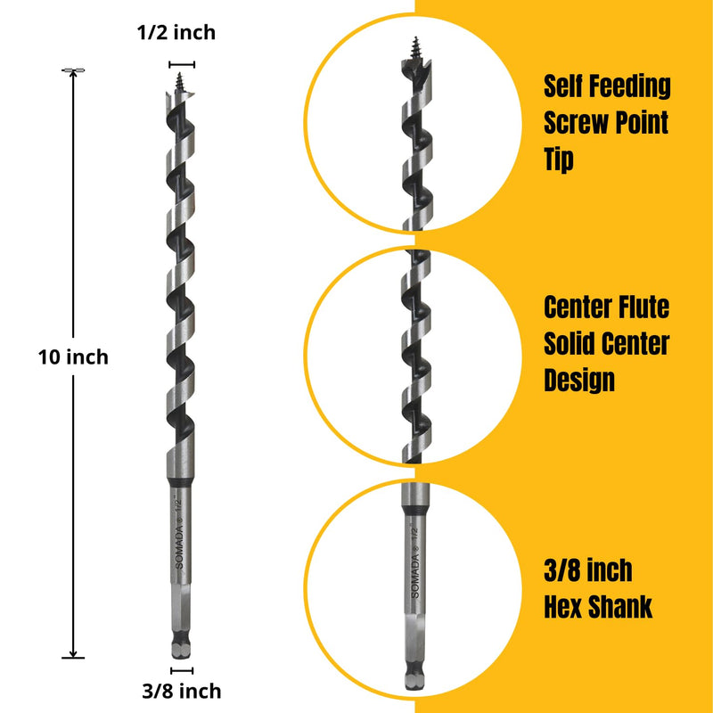 [Australia - AusPower] - SOMADA 1/2-Inch x 10-Inch Auger Drill Bit for Wood, Quick Change Hex Shank 3/8-Inch, Ship Auger Long Drill Bit for Soft and Hard Wood, Plastic, Drywall and Composite Materials 