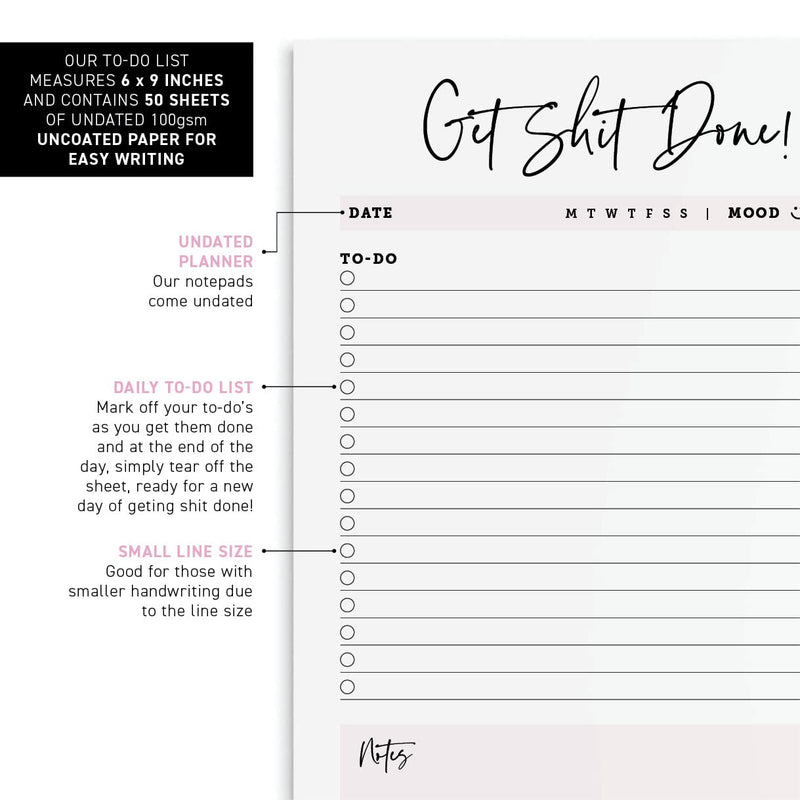 [Australia - AusPower] - Undated Checklist Pad - Get Shit Done Notepad - to DO List - 6 x 9 Inch - Office Decor for Women - 50 Page Tear Off Get Things Done 6 X 9 