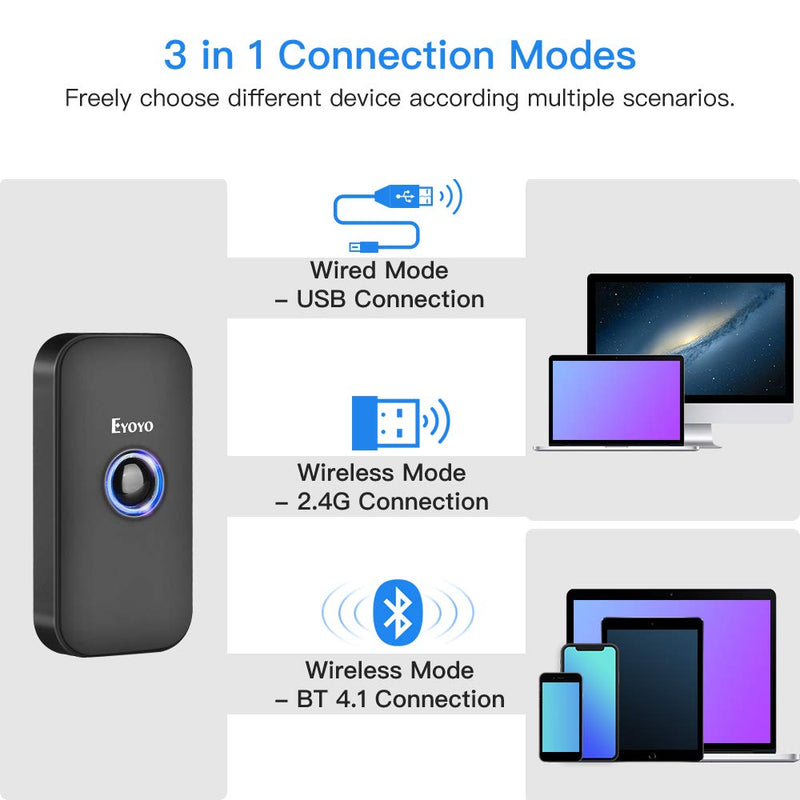 [Australia - AusPower] - Eyoyo Mini 1D Bluetooth Barcode Scanner, 3-in-1 Bluetooth & USB Wired & 2.4G Wireless Barcode Reader Portable Bar Code Scanning Work with Windows, Android, iOS, Tablets or Computers Black 