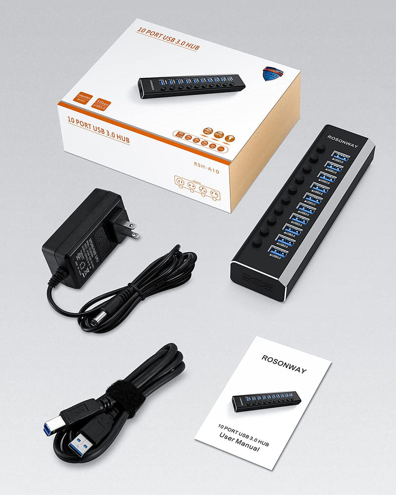 [Australia - AusPower] - Powered USB Hub, Rosonway Aluminum 10 Port USB 3.0 Data Hub with 36W (12V/3A) Power Adapter and Individual On/Off Switches USB Splitter(RSH-A10) 