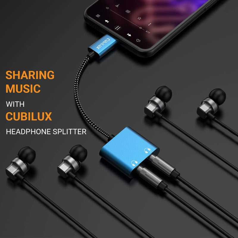 [Australia - AusPower] - USB C Dual Headphones Adapter, Cubilux Type C to 2-Way 3.5mm Audio AUX Splitter, Compatible with 2020/2018 iPad Pro/Air 4th, Samsung S21 Ultra S20 FE Note 20/10, Pixel 5 4 3 XL, OnePlus 8T 7 Pro More 2-Way, USB C 2-Way, USB C, Blue 
