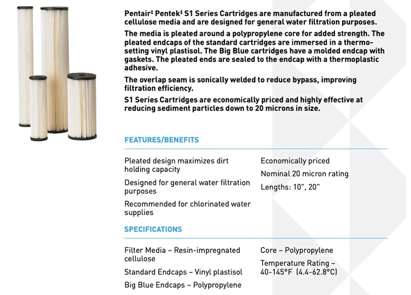 [Australia - AusPower] - Pentair Pentek S1-BB Big Blue Sediment Water Filter, 10-Inch, Whole House Heavy Duty Pleated Cellulose Filter Cartridge, 10 x 4.5, 20 Micron 10 Inch x 4.5 Inch 