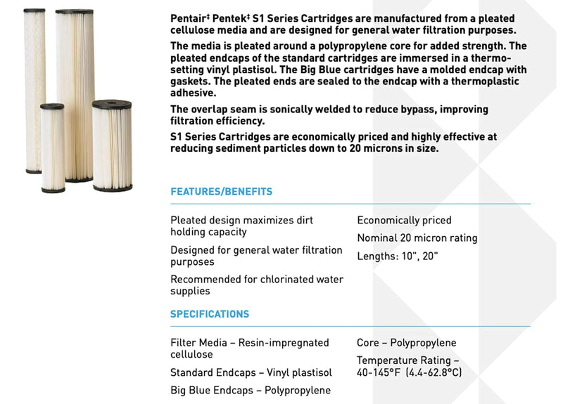 [Australia - AusPower] - Pentair Pentek S1-20 Sediment Water Filter, 20-Inch, Whole House Pleated Cellulose Replacement Cartridge, 20" x 2.5", 20 Micron 20" x 2.5" 