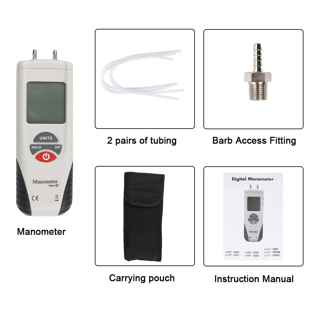 Digital Manometer M1890 - Professional Air Pressure Gauge ±2 Psi With 11 Units For HVAC & Automotive