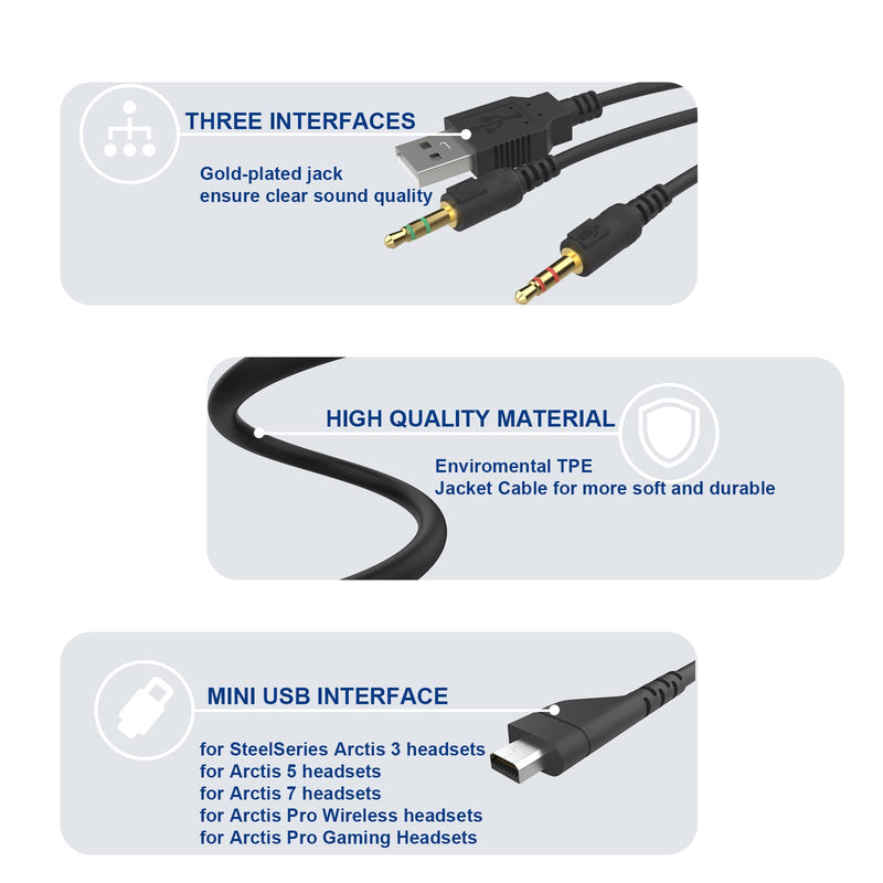 [Australia - AusPower] - 3.5mm Replacement Arctis Headset Cord Audio Cable Charging Wire Compatible with SteelSeries Arctis 7, Arctis 5, Arctis 3, Arctis Pro Wireless, Arctis Pro Gaming Headsets to PC Laptop 