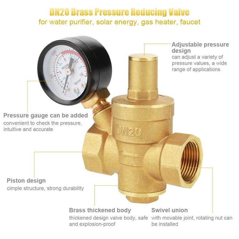 [Australia - AusPower] - Water Pressure Regulating Valve, DN20 G3/4inch Brass Water Pressure Reducing Valve 3/4 Adjustable Pressure Reducing Valve 1/2 Inch Thread Water Pressure Regulator with Gauge Meter 1.6MPa 