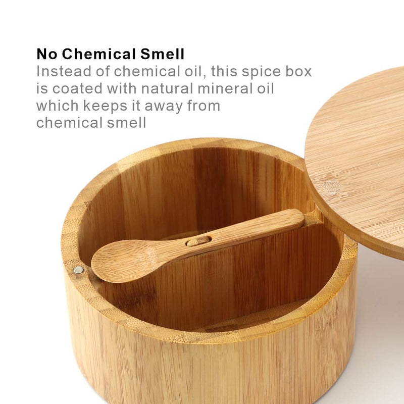 [Australia - AusPower] - KITCHENDAO Bamboo Salt and Pepper Bowl Box - Built-in Serving Spoon to Prevent Lost - Swivel Lid with Magnet to Keep Dry, Dust-free - Salt Cellar Seasoning Container Holder - Dual 7 Ounce Capacity 