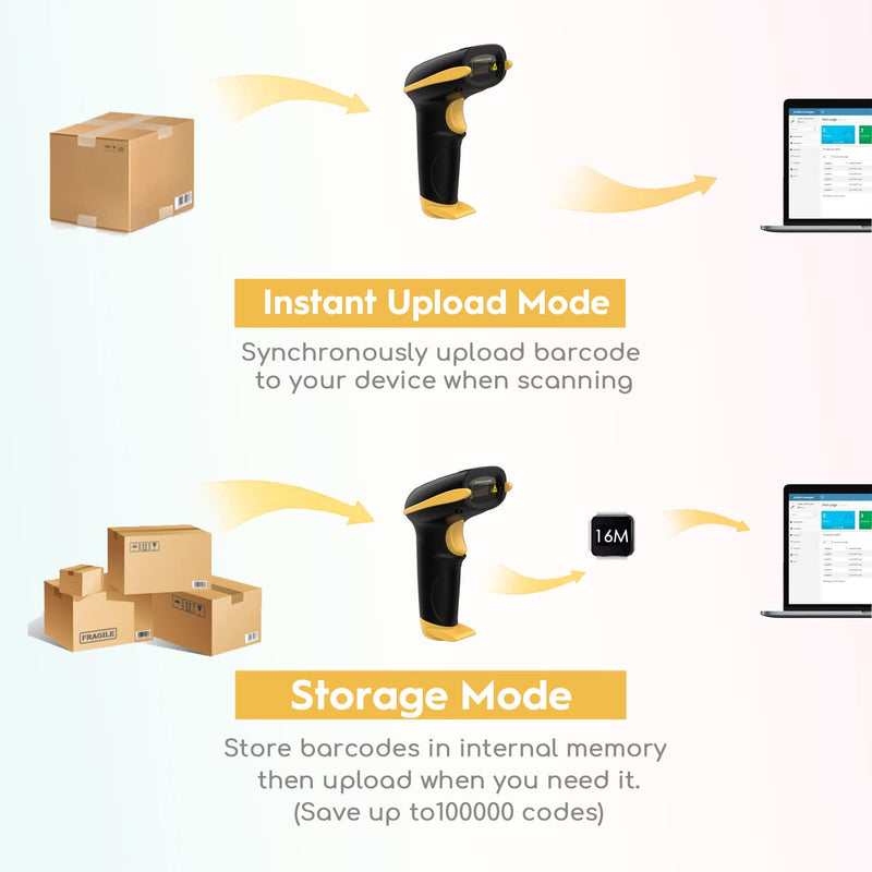 [Australia - AusPower] - NADAMOO Wireless Barcode Scanner 328 Feet Transmission Distance USB Cordless 1D Laser Automatic Barcode Reader Handhold Bar Code Scanner with USB Receiver for Store, Supermarket, Warehouse - Yellow 