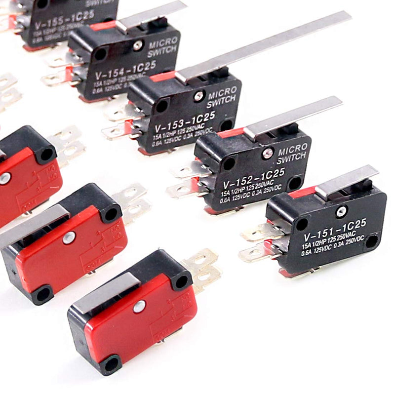 [Australia - AusPower] - Swpeet 24Pcs Micro Limit Switch Assorment Kit, Long Hinge Roller Momentary Cherry Push Button SPDT Snap Action Perfect for Arduino, Appliance and Electronic Equipment - V-151/152/153/154/155/156-1C25 