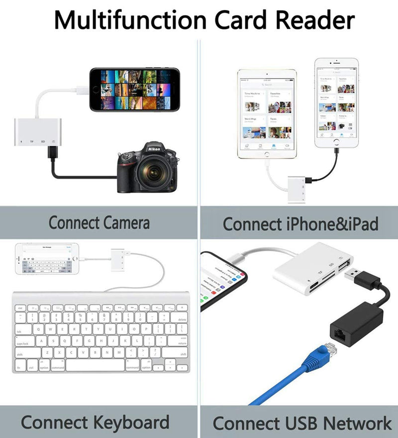 [Australia - AusPower] - SD TF Card Reader Lightning Adapter, rosyclo Apple MFi Certified 4 in 1 USB OTG Camera Connection Kits Charge Cable for iPhone, Compatible with iPhone12/11/11Pro/X/iPad, Support iOS 9.2-14+(White) 