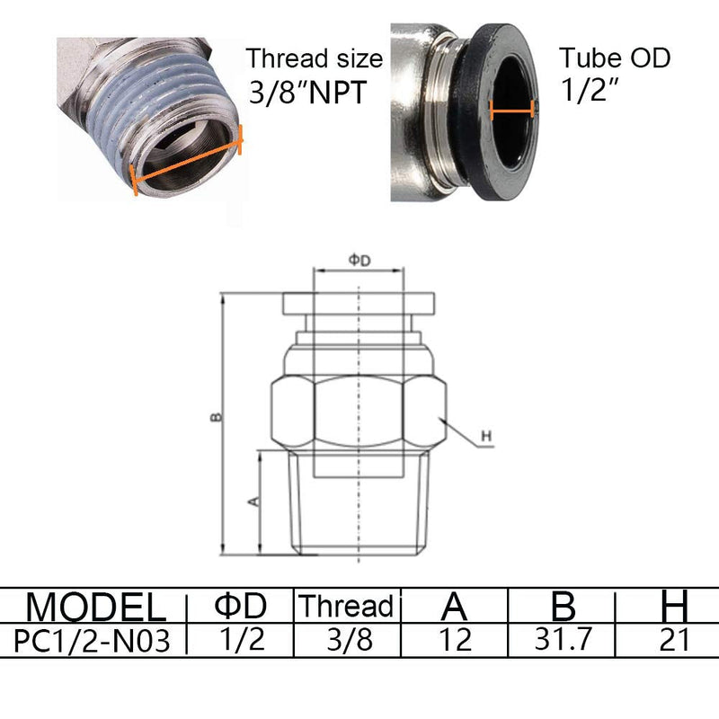 [Australia - AusPower] - Jienk 5PCS Pneumatic Male Straight 1/2" Tube OD x 3/8" NPT Thread Push to Connect Air Fittings, Quick Connector for Air Ride Air Horn Air Compressor 1/2"OD x 3/8"NPT 5 