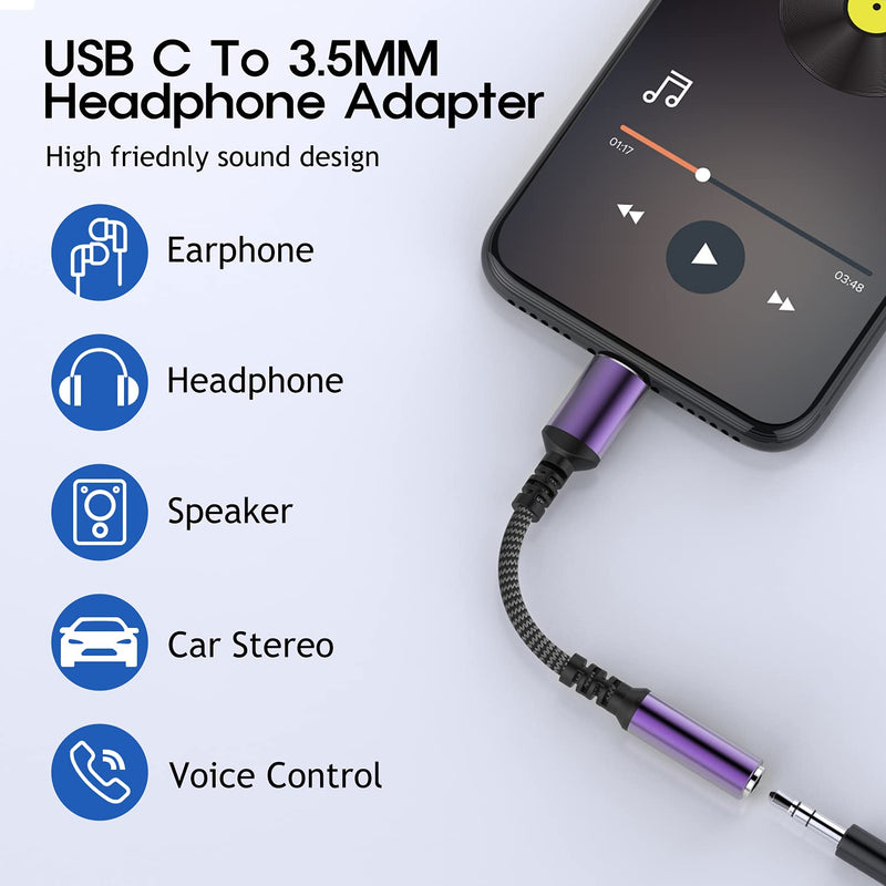 [Australia - AusPower] - USB Type C to 3.5mm Headphone Jack Adapter Women,USB C to Aux Audio Dongle Cable Cord Compatible with iPad Pro/Air 4,Pixel 5 4 3 2 XL, Samsung S21 S20 Ultra S20+ Note 20 10 9 8 S10 S9 Plus Purple 