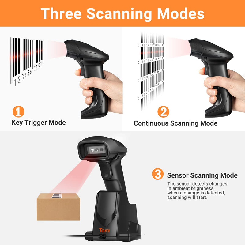 [Australia - AusPower] - Tera Wireless Barcode Scanner 1D 2D QR with USB Charging Base Handheld Bar Code Reader Scanner Automatic Sensing Fast Precise Scanner, D6100 