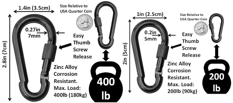 [Australia - AusPower] - Branded Boards Black & Silver Heavy Duty Bushcraft Locking Thumb Screw Closure Zinc-Galvanized Steel Carabiner Spring Snap Clip Link Hooks 200-400lb Load. 6 & 12 Packs 