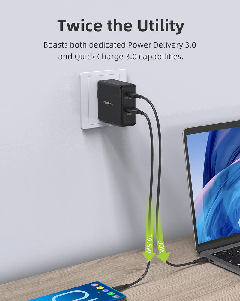 [Australia - AusPower] - USB C Fast Charger, INNOSTYLE 49.5W Dual Port PD/QC 3.0 Wall Charger, Portable Power Adapter with Foldable Plug Compatible with iPhone 13/13 Mini/13 Pro/13 Pro Max/12/11, Pixel, Galaxy, and More 