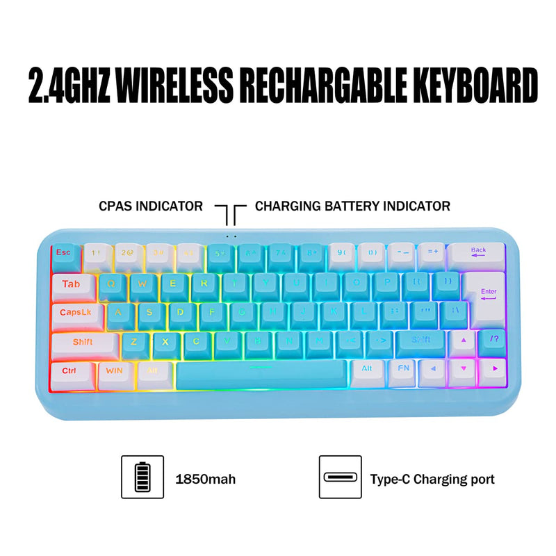 [Australia - AusPower] - 60% 2.4G Wireless Gaming Keyboard with Wrist Rest, 7KEYS Compact 63 Keys Mini RGB Light up Keyboard for PC Mac Laptop, Portable, Rechargeable Suit for Typing and Gaming(White&Blue) White&blue 