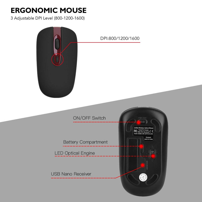 [Australia - AusPower] - Wireless Keyboard Mouse Combo, cimetech Compact Full Size Wireless Keyboard and Mouse Set 2.4G Ultra-Thin Sleek Design for Windows, Computer, Desktop, PC, Notebook - (Wine red) Wine Red 