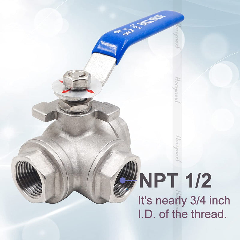 [Australia - AusPower] - Horiznext NPT 1/2 threaded stainless steel 3 way T port with mounting pad ball valve, vinyl handle control pvc pex tubing gas fuel oil water propane fluid flow.(1 pc) NPT1/2 T-port 