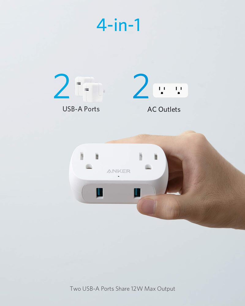 [Australia - AusPower] - Anker Outlet Extender with USB Wall Plug, PowerExtend USB Plug 2 Mini Wall Charger with 2 Outlets, 2 USB Ports, and PowerIQ Technology, Compact for Travel, Desk, and Cruise Essentials 