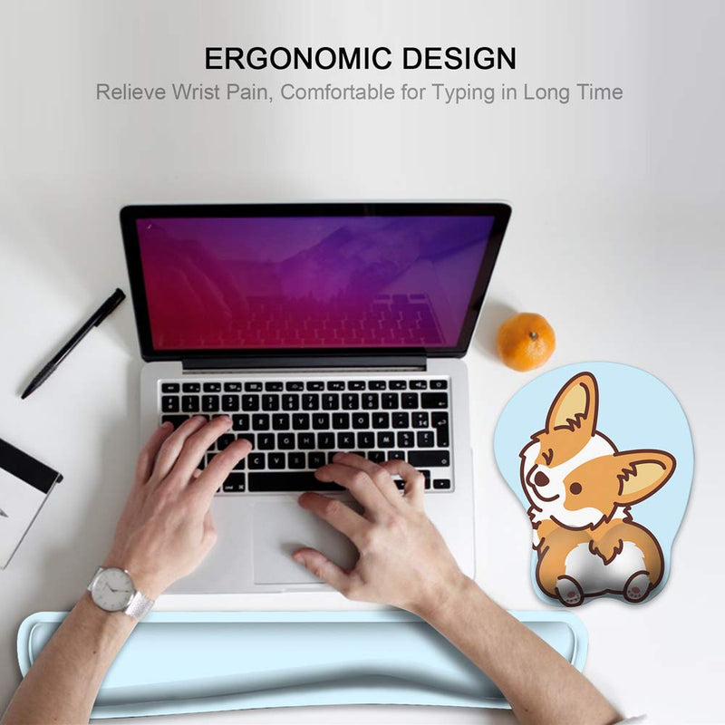 [Australia - AusPower] - HAOCOO Keyboard Pad Wrist Rest and Gel Mouse Pad with Wrist Support,Ergonomic Corgi Mouse Pads with Non-Slip Backing Memory Foam Filled, Easy Typing &Pain Relief for Home Office Computer Laptop(Blue) Blue 