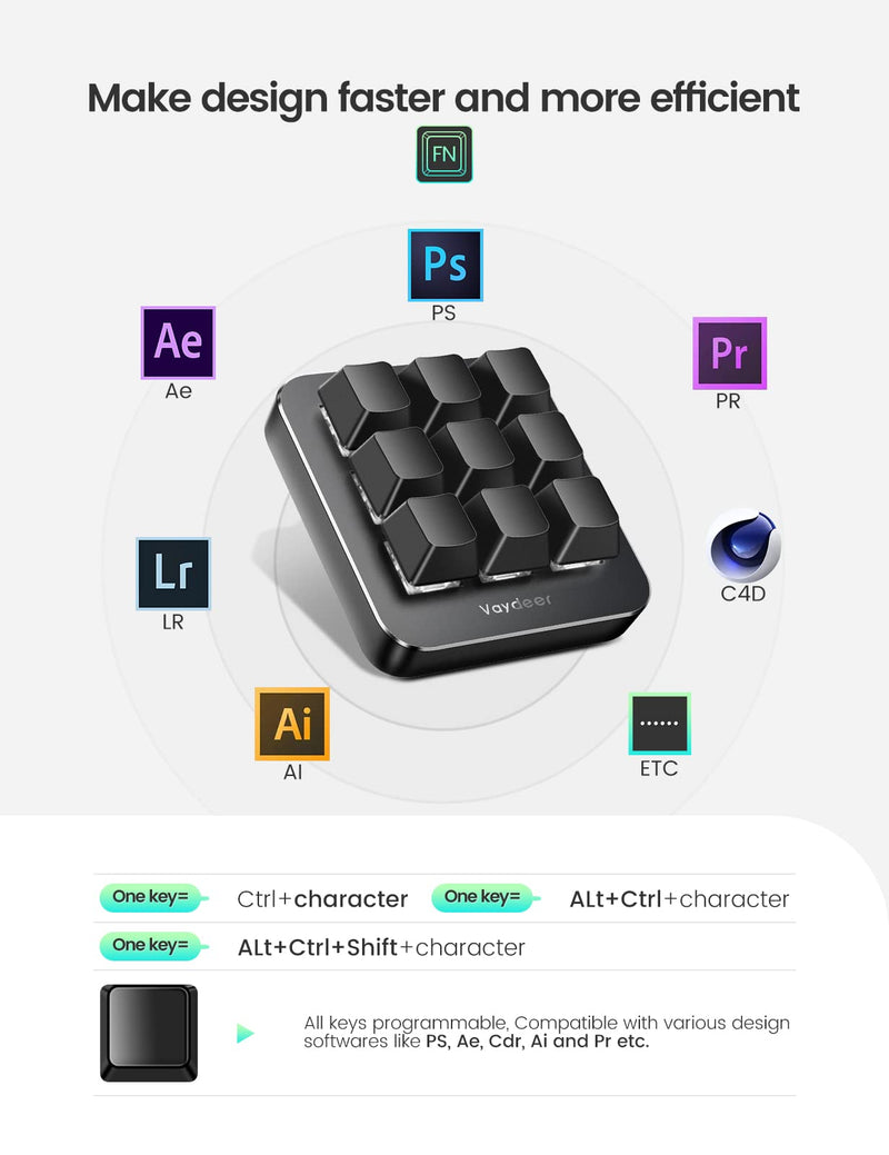 [Australia - AusPower] - VAYDEER One-Handed Mechanical Keyboard Support NKRO, Hotkeys, One-Click Start,9 Fully Programmable Keys with Floating Window and Macro Multifunctional Keypad Compatible with iOS,Windows 