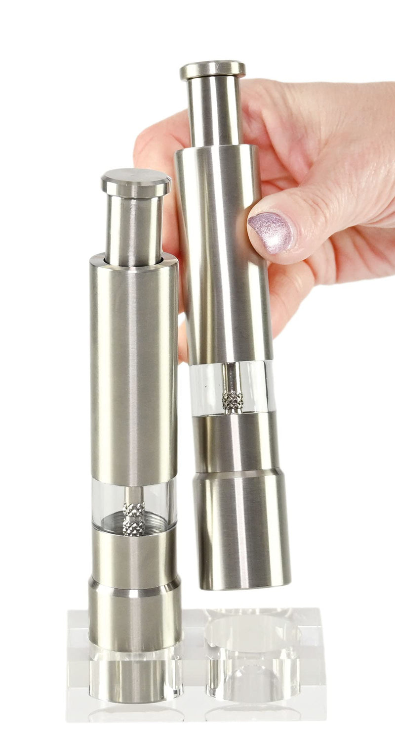 [Australia - AusPower] - HOME-X Stainless Steel One Hand Thumb Push Button Salt and Pepper Grinder with Stand-Set of 2-Modern Fresh Pepper, Sea Salt,Himalayan Salt 