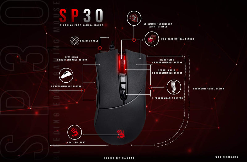 [Australia - AusPower] - Bloody SP30 Ergonomic Optical Switch Gaming Mouse - Fastest Mouse Switch in Gaming - Enthusiast Grade 3360 Sensor - 8 Programmable Buttons - Non-Slip Rubberized Black - 12,000 DPI 