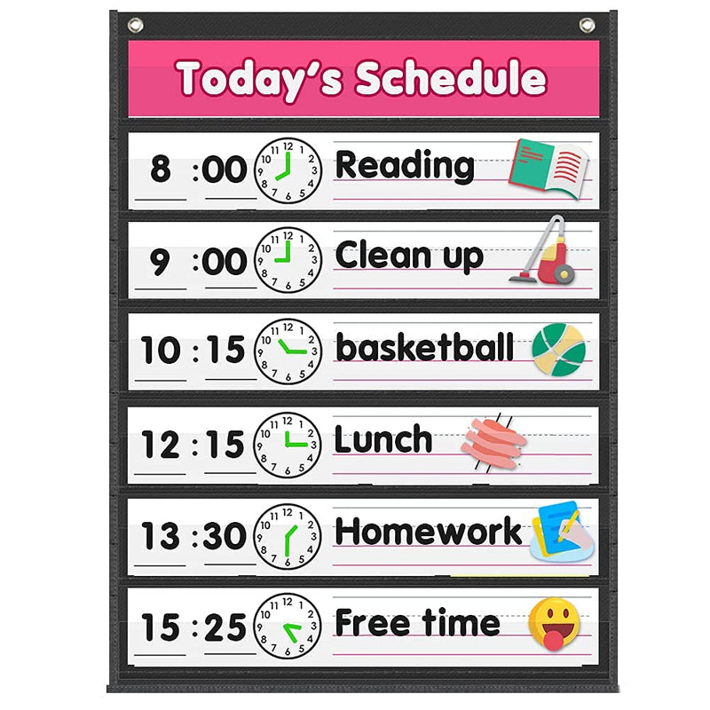 [Australia - AusPower] - Auchq Magnetic Pocket Chart,Standard Pocket Chart with 7+1 Pockets,14 Double-Sided Dry-Eraser Cards for Daily Schedule,Class Demonstrations,Classroom Office Home Activities (Black) Black 