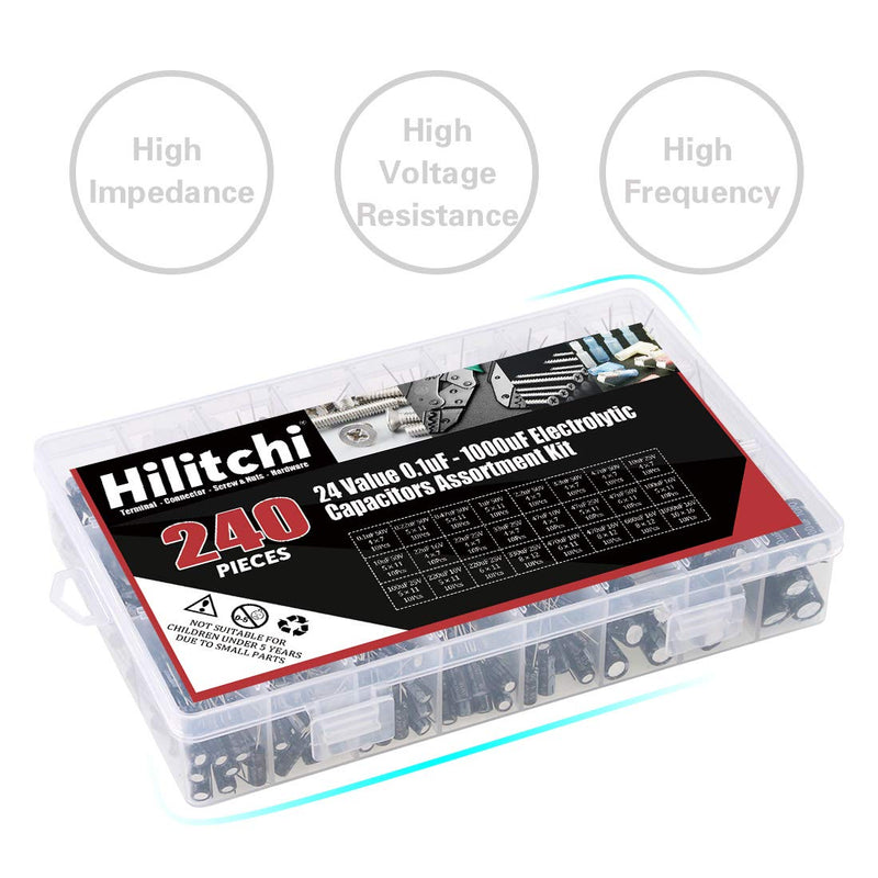 [Australia - AusPower] - Hilitchi 240-Pcs 24 Values Black Electrolytic Capacitors Assorted Assortment Kit Range 0.1uF－1000uF with Storage Box Black-Electrolytic Capacitors 