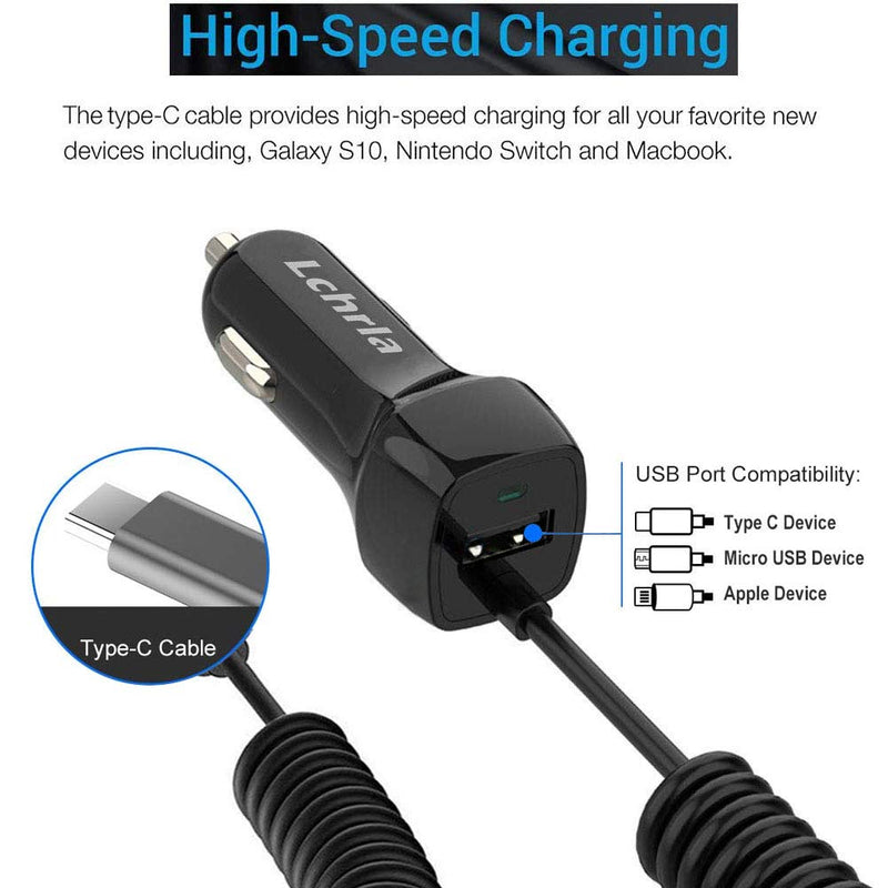 [Australia - AusPower] - Lchrla USB Car Charger, Type C Android Phone Car Adapter Built-In Curly Cable Compatible with Samsung Galaxy S8 S9 S10 Plus Note 9 8, LG G7/G6/G5/V40/V30/V20 Google Nexus Car Charger with 3.3FT USB C Coiled Cable 