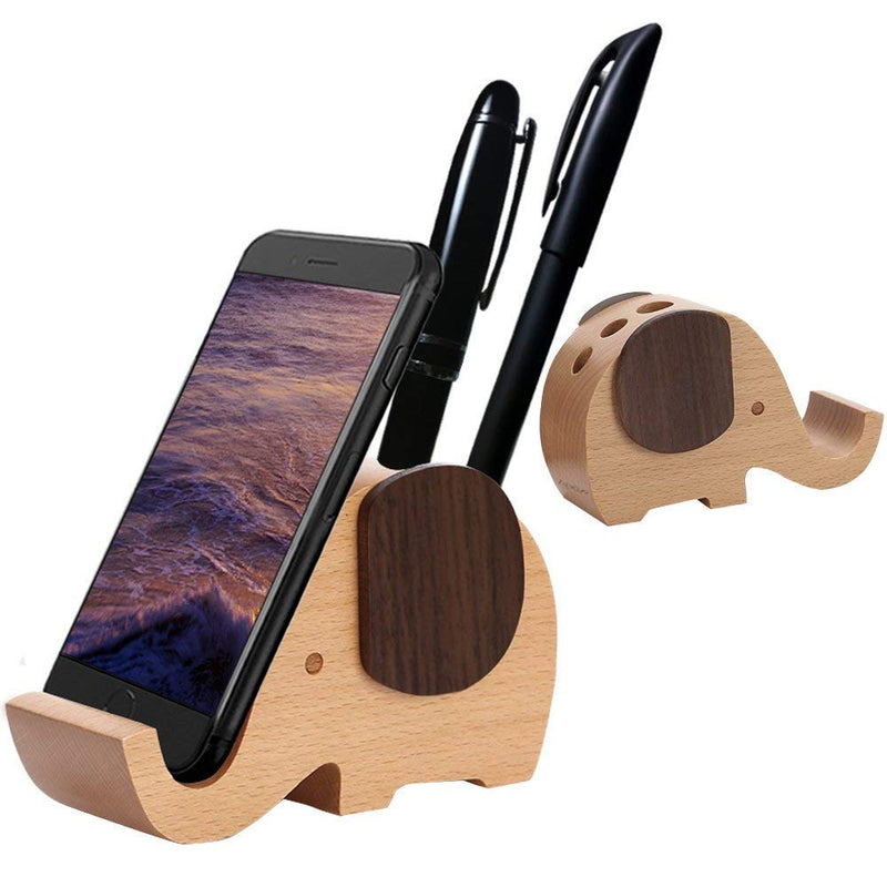 [Australia - AusPower] - Apor Cell Phone Stand, Wood Made Elephant Phone Stand for Smartphone with Pen Holder Desk Organizer (Larger) Larger 